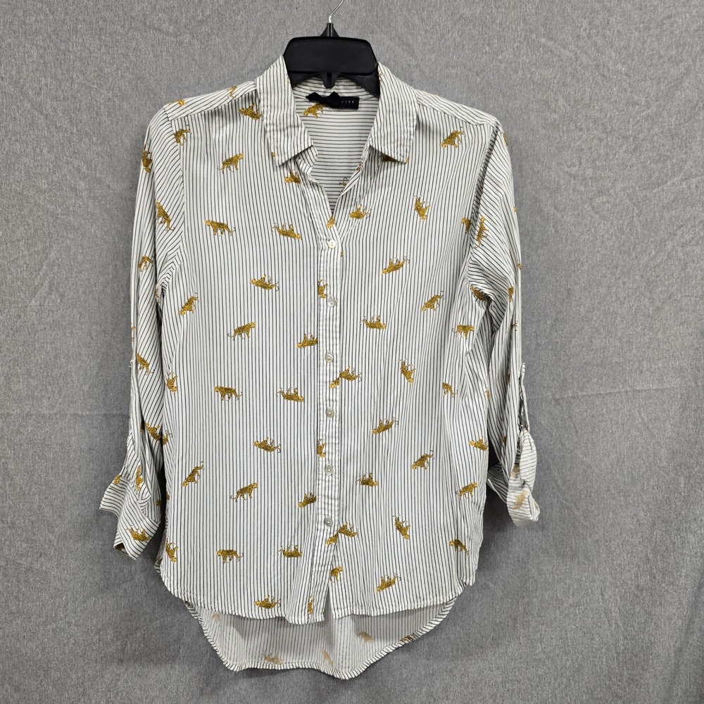 Jane & Delancey Striped Leopard Print Roll Tab Sleeve‎ Button Down Shirt Small